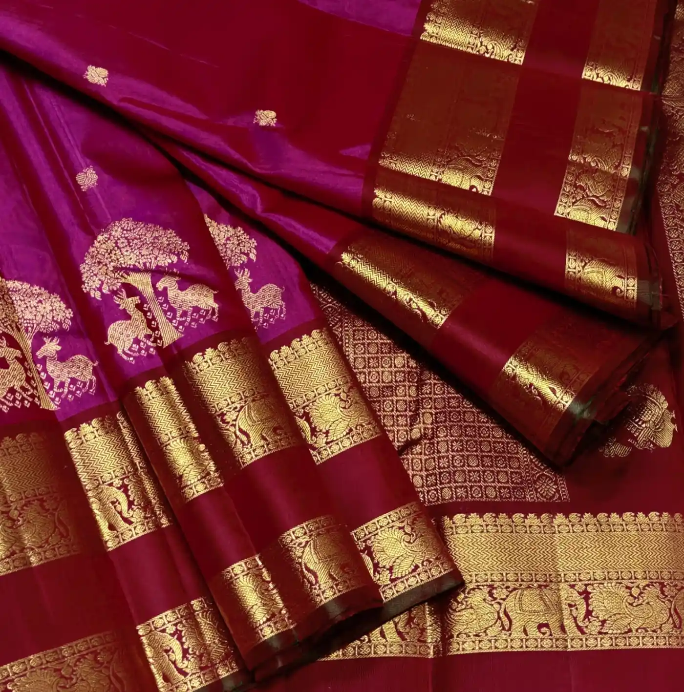 Magenta Pink and Wine Maroon Kancheepuram Silk Saree
